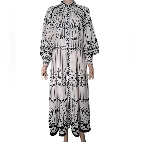 Elegant Black and White Geometric Pattern Maxi Dress Boho Fancy Night out - Picture 1 of 12